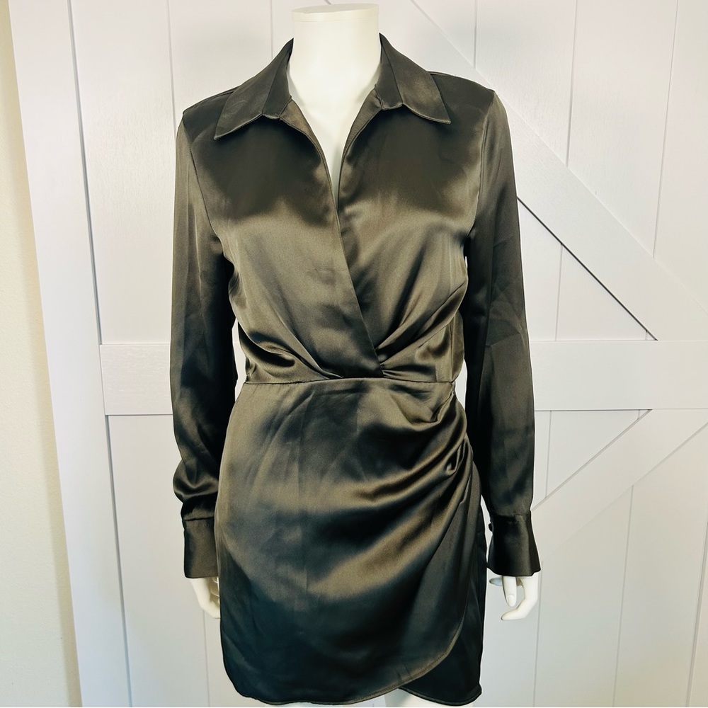 Zara Woman Dark Khaki Short Satin Effect Mini Dress size ex small.